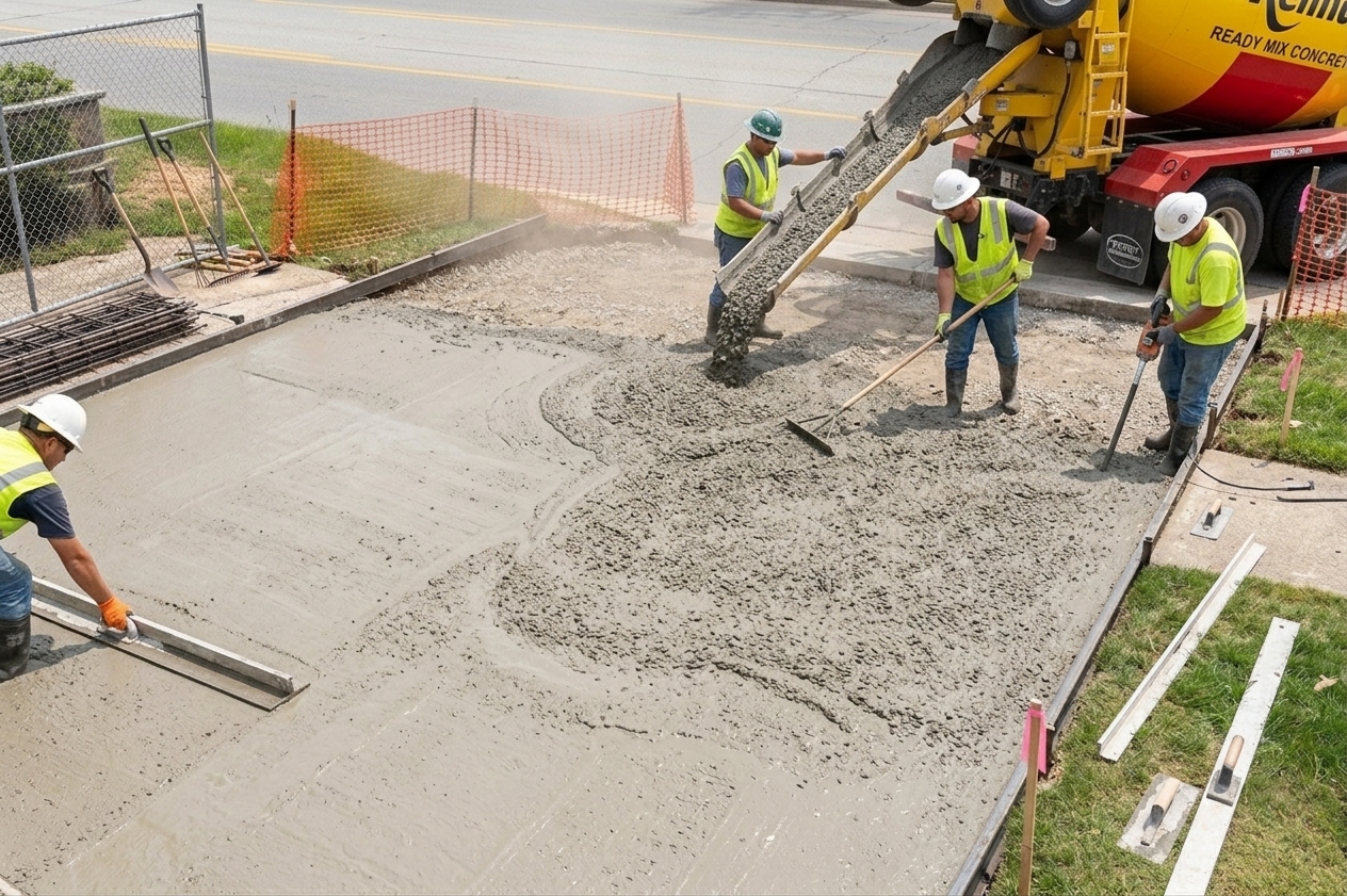 Crew pouring concrete for residential driveway.